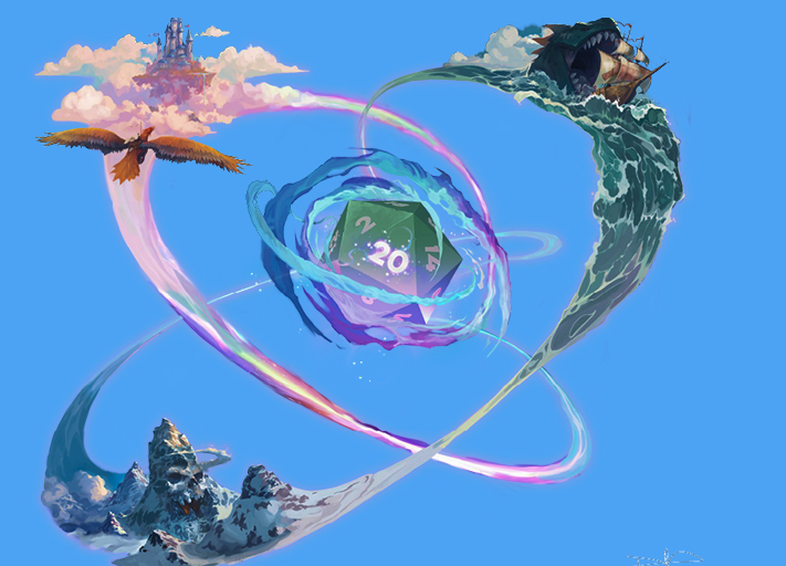 Fantasy adventure scene with magical d20, floating castle, and mystical creatures in the sky